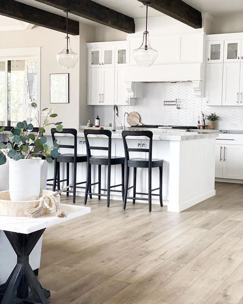 Wood Beams In Kitchen, Wood Beams Living Room, Beam In Kitchen, Chevron Backsplash, Exposed Beams Ceiling, Beams Living Room, Rustic Wood Floors, Living Room Wood Floor, Light Wood Floors