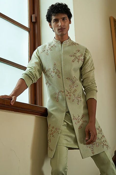 Shop Designer Sherwani for Wedding | Sherwani for Groom Green Sherwani For Men, Wedding Sherwani For Groom, Green Sherwani, Sherwani For Groom, Placement Embroidery, Sherwani Groom, Sherwani For Men, Wedding Sherwani, Indian Wedding Wear