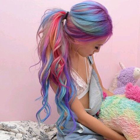 Pastel dyed rainbow hair. Ponytail colored hair. Color. Colour. Neon Rainbow Hair, Rainbow Hair Color Ideas, Design Hairstyle, Unicorn Hair Color, Underlights Hair, Cute Hair Colors, Rainbow Hair Color, Multicolored Hair, Latest Hair