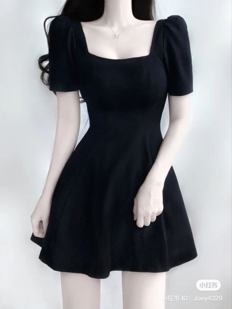 Black Mini Dress Short Sleeve, Dress Astethic, Black Mini Dress Aesthetic, Black Korean Dress, Short Dress Korean, Cute Black Dresses, Black Cute Dress, Party Dress Summer