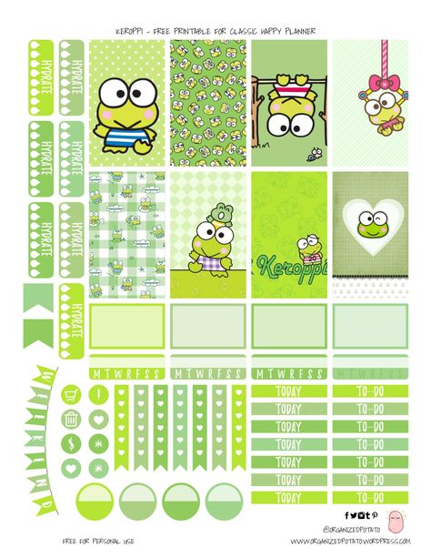 Keroppi - Free Printable for HPC Ipad Bujo, Kawaii Printables, Happy Planner Printables, To Do Planner, Free Printable Planner Stickers, Free Planner Stickers, Hello Kitty Crafts, Bullet Journal Printables, Free Printable Stickers