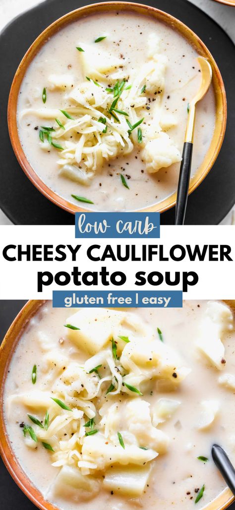 Potato Soup With Cauliflower, Creamy Cauliflower And Potato Soup, White Cheddar Soup, Cauliflower Potato Soup Crockpot, Cauliflower Potato Cheese Soup, Cauliflower Potato Soup Recipes, Cauliflower Potato White Bean Soup, Cauliflower Bean Soup, Cauliflower And Potato Soup