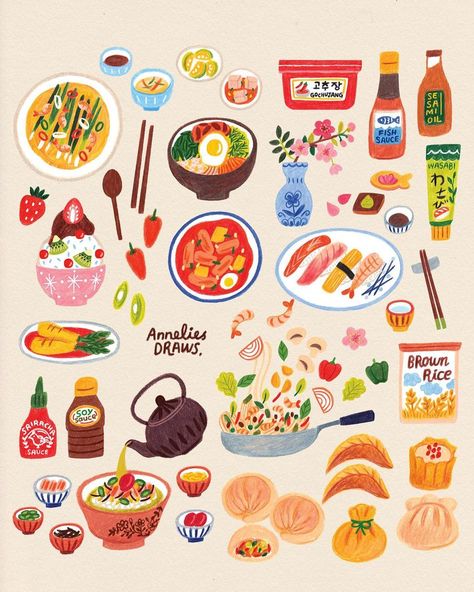 Asian Food Doodles, Condiment Illustration, Korean Art Illustration, Drawing Food Cute, Kawaii Art Cute Food, Korean Illustration Cute, Asian Food Drawing, Annelies Draws, Korean Food Drawing