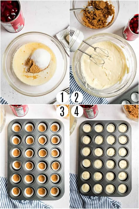 Cheesecake Packing Ideas, Cheesecake Minis Recipes, Assorted Mini Cheesecakes, Mini Cheese Cakes Recipes Easy No Bake, Mini Cheesecake Bites Recipes, Mini Cheese Cakes Recipes, Mini Cheesecake Recipes Easy, Cheesecake Recipe No Sour Cream, Small Cheesecake Recipe