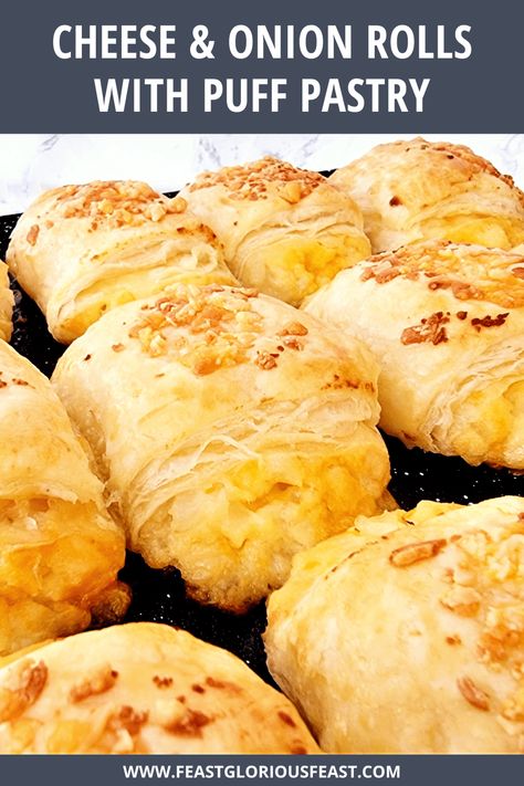 These easy Cheese & Onion Rolls are almost as common on a British buffet as their sausage cousins! Using fluffy potato as a base and packed with onion and tasty cheese, they really are a delicious veggie puff pastry snack. Air fryer and oven instructions included for extra ease! #FeastGloriousFeast Veggie Puff Pastry, Sausage Roll Recipes, Sweet Puff Pastry Recipes, Biscuits Cheddar, Savoury Pastry Recipe, Cheese And Onion Pasty, Cheese And Onion Pie, Puff Pastry Snacks, Cheese Puffs Recipe