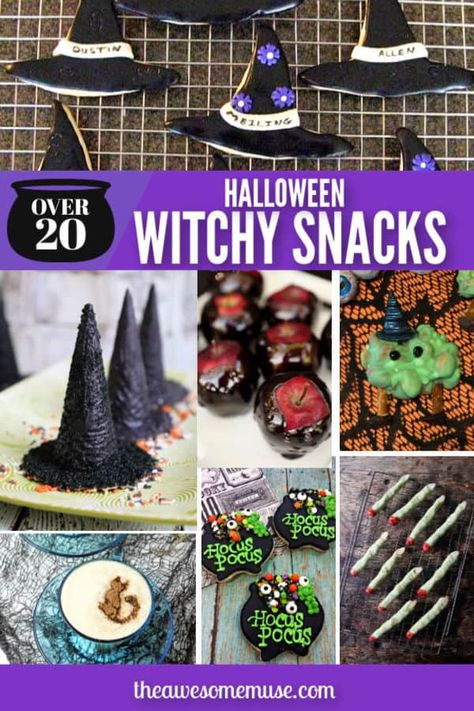 When it's time for Halloween, it's fun to make some great themed snacks to get in the spirit! You'll find some great witchy cookies, witch fingers, cauldrons, and even poison apples. You may even find a few witches brews too! #theawesomemuse #witches #Halloween #witchesbrew #parties #cookies Halloween Witch Snacks, Witch Inspired Food, Witch Snacks Party Ideas, Witchy Appetizers, Witch Themed Appetizers, Witch Themed Snacks, Witchy Desserts, Witch Snack Board, Witchy Cookies