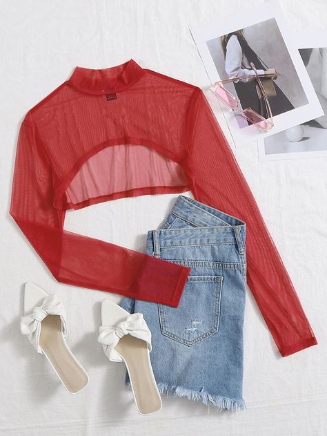 Red Sexy Collar Long Sleeve Mesh Fabric Plain  Embellished Slight Stretch Summer Women Tops, Blouses & Tee Red Mesh Outfit, Pink Mesh Top Outfit, Red Mesh Top, Mesh Top Outfit, Super Cropped Top, Pink Mesh Top, Snow White Outfits, Fishnet Shirt, Super Crop Top