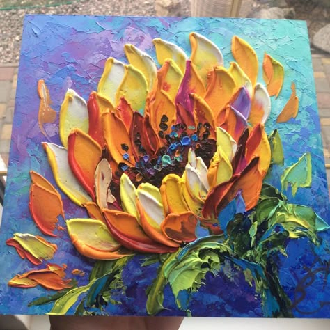 Sunflower abstract original Impasto 3d oil painting textured wall art palette knife artwork 3d Sunflower Painting, 3d Acrylic Flower Painting, Pallete Knife Paintings, Impasto Painting Acrylic, Palette Knife Flowers, Sunflower Abstract, 3d Painting On Canvas, 3d Oil Painting, Texture Oil Painting