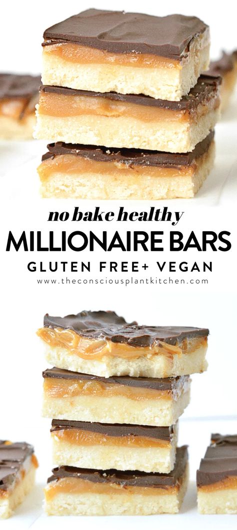 Millionaire Shortbread Bars, Conscious Plant Kitchen, Millionaire Bars, Vegan Dessert Bars, Bars Gluten Free, Vegan Gluten Free Desserts, Millionaire Shortbread, Vegan Baking Recipes, Plant Kitchen