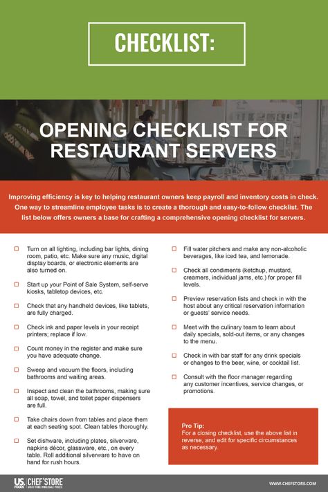 Checklist: Opening Checklist for Restaurant Servers Brewery Decor, Restaurant Cleaning, Cleaning Checklist Template, Restaurant Management, Restaurant Owner, Checklist Template, Cleaning Checklist, Restaurant Supplies, Diy Cleaning Products