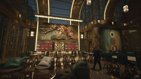 ArtStation - Venus Bar Interior - Environment Concept Design Madison + Core + Aesthetic, Manor Kitchen, Art Deco City, Deco Bar, Art Deco Bar, Interior Design Photography, Floor Plan Layout, Bar Interior, Neo Noir