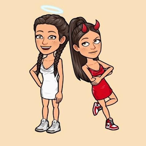 Snapchat People, Snapchat Halloween, Pretty Bitmoji Ideas, Angel Vs Devil, Bitmoji Outfits Baddie, Snapchat Best Friends, Cute Snapchat Bitmoji Ideas, Snapchat Avatar, Cute Halloween Outfits