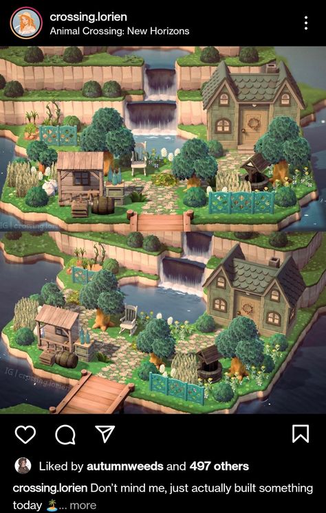 Acnh Waterfall House, Animal Crossing Water Island, Acnh Water Terraforming, Acnh Lake House, Acnh Island Map Layout, Animal Crossing Waterfall Ideas, Animal Crossing Waterfall, Acnh Waterfall Idea, Acnh Island Map Layout Ideas