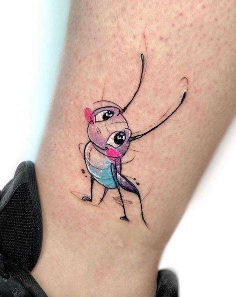 Cricket Tattoo, Disney Stitch Tattoo, Disney Inspired Tattoos, Flesh Tattoo, Faded Tattoo, Insect Tattoo, Tatuaje A Color, Different Tattoos, Cartoon Tattoos