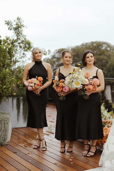 Tea Length Black Bridesmaid Dresses, Black Bridesmaid Dresses Tea Length, Black Midi Bridesmaids, Black Bridesmaid Dress Summer Wedding, Spring Wedding With Black Bridesmaid Dresses, Black Dresses Bridesmaid, Black Midi Dress Bridesmaid, Black Bridesmaid Outfits, Black Bridesmaid Dresses Colorful Shoes