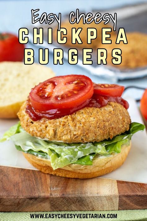 Chickpea Burger Recipe, Veggie Burger Recipe Easy, Cheesy Burger, Vegetarian Burger Recipe, Chickpea Burgers, Homemade Veggie Burgers, Easy Burger Recipe, Chickpea Burger, Lentil Burgers