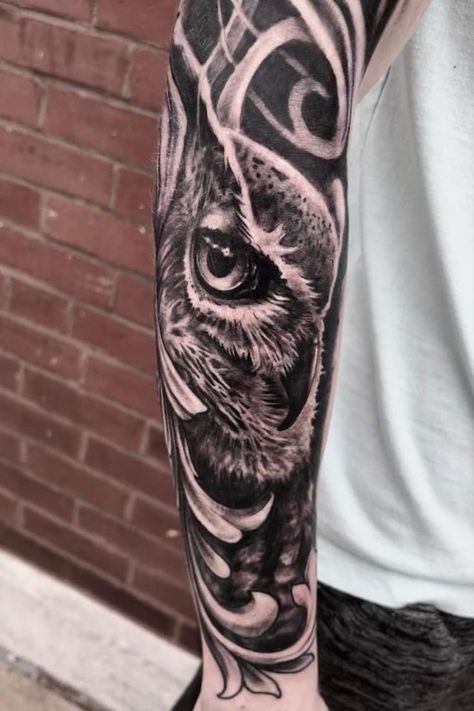 Owl Forearm Tattoo Men, Owl Tatoos, Owl Forearm Tattoo, Forearm Cover Up Tattoos, Owl Tattoo Sleeve, Forearm Tattoo Ideas, Cute Owl Tattoo, Animal Sleeve, Animal Sleeve Tattoo