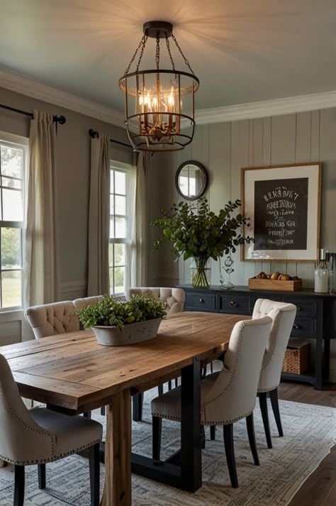 Family Pictures In Dining Room, Dining Room Color Scheme Ideas Farmhouse, Kitchen Dining Room Combo Decor, Grey Farmhouse Dining Room, Dining Room Ideas Modern Contemporary, Dining Room Decor Modern Classy, Organic Dining Room, Rectangle Dining Room, Dining Designs