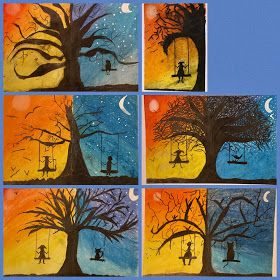 Art Room Britt: Silhouetted Day and Night Tree Color Art Lessons, Halloween Art Projects, Fall Art Projects, 6th Grade Art, 4th Grade Art, 3rd Grade Art, Cool Art Projects, Elementary Art Projects, Homeschool Art