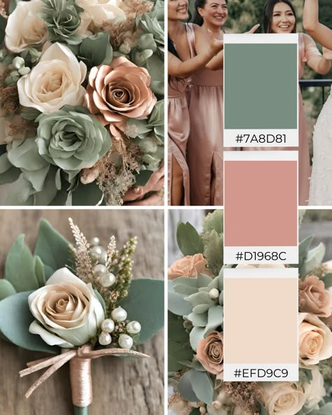 Explore these stunning rose gold and sage green wedding color ideas for inspiration to help you create your dream wedding color palette! 💍✨ READ--> https://franciscasbridal.com/rose-gold-and-sage-green-wedding-beautiful/ #franciscasbridal #wedding #weddinginspo #weddingideas #weddingvenue #weddingplanning #weddingflowers #weddingcolorideas #weddinginspiration #weddingcolors #weddingcolorideas #weddingcolorpalette #weddingthemeideas #weddingdecor Sage Green Blush Pink Cream Wedding, Sage Green Peach Grey Wedding, Rose Gold Sage Wedding, Emerald Dusty Rose Wedding, Sage Blush And Cream Wedding, Peach And Sage Green Wedding Bouquet, Olive Green And Coral Wedding, Sage And Salmon Wedding, Spring Wedding Green Colour Palettes