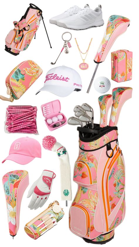 Cute Golf Aesthetic, Girly Golf Aesthetic, Cute Golf Clubs, Pink Golf Clubs, Cute Golf Bags, Women’s Golf Clubs, Golf Bag Aesthetic, Womens Golf Bag, Cute Golfing Outfits For Women