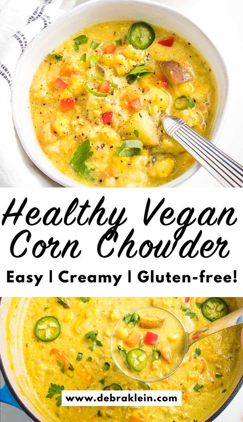 Close ups of Vegan Corn Chowder in a white bowl and being ladled out of a blue casserole. Vegan Comfort Soup, Corn Chowder Soup Vegetarian, Healthy Corn Chowder Recipe, Vegan Corn Chowder Recipe, Dairy Free Seafood Chowder, Healthy Corn Chowder, Vegan Chowder Recipes, Vegetarian Chowder, Vegetarian Corn Chowder