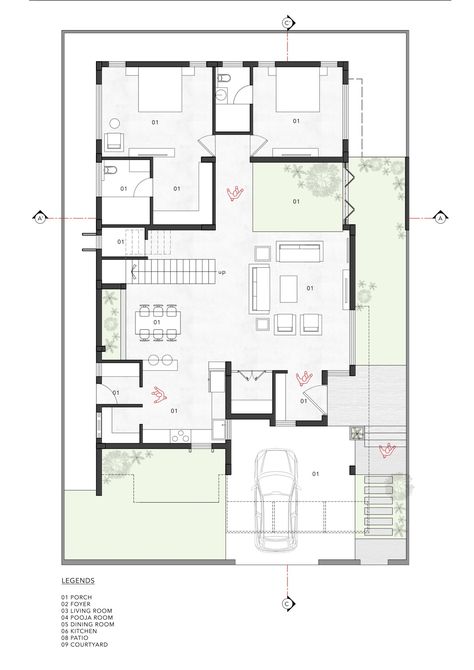 Ground Floor Plan of Neralu by Jalihal Associates House Elevation East Facing, 30x40 House Plans East Facing, Modern Villa Floor Plan, Villa Plan Architecture, 30 50 House Plans, Ground Floor House Design, Duplex House Elevation, Residential Floor Plan, Plan With Elevation