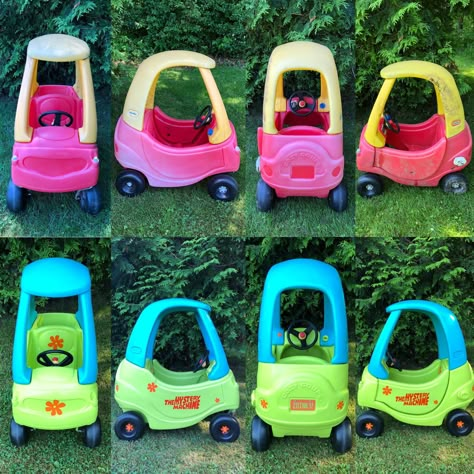 Repainted Cozy Coupe, Crochet Mystery Machine, Cozy Coupe Mystery Machine, Redo Cozy Coupe, Cozy Coupe Car Makeover, Custom Cozy Coupe Cars, Baby Scooby Doo Costume, Scooby Doo Nursery Theme, Mystery Machine Cozy Coupe