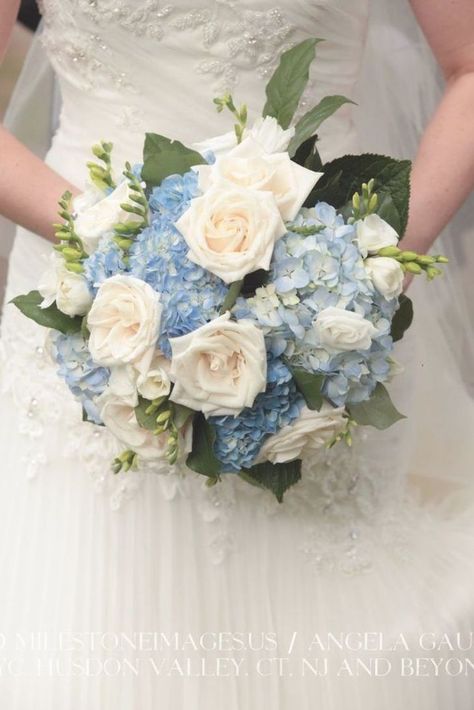 bridal bouquet made of white roses and blue hydrangeas real wedding bouquets and boutonnieres #WeddingBouquets #HydrangeaAndRoses Blue Hydrangea Wedding Bouquet, Light Blue Hydrangea, Blue Hydrangea Bouquet, Hydrangea Bridal Bouquet, Blue Hydrangea Wedding, Hydrangea Bouquet Wedding, Bridal Bouquet Blue, Hydrangea Wedding, White Rose Bouquet