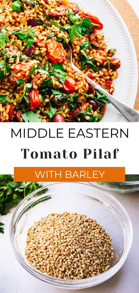 Looking for an easy and healthy dinner option? Try this easy tomato pilaf with barley! Made with pearl barley and fresh veggies, this simple barley pilaf is a tasty twist on traditional rice pilaf. Tho make this super easy recipe, gently simmer pearl barley until tender before being loaded with sweet cherry tomatoes, fresh vegetables and herbs. The easy barley pilaf recipe makes a wonderful side dish or add some protein to turn it into a main meal. Pearled Barley Recipes, Barley Dishes, Barley Pilaf Recipe, Falafel With Canned Chickpeas, Barley Pilaf, Barley Recipes, Rose Harissa, Pilaf Recipe, Barley Recipe