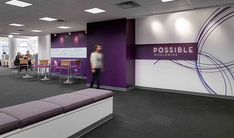 BHDP Architecture | BHDP Office Decor Purple, Environmental Graphic Design Wall, Purple Office Ideas, Purple Accent Wall, Office Purple, Work Office Ideas, Office Wall Graphics, Office Graphics, Purple Office