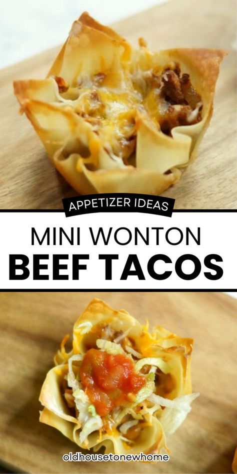 Beef Wonton tacos recipe. Mini Wonton Tacos and Cheesy Salsa Potatoes are perfect for game day entertaining! Appetizers In A Cup, Wonton Tacos Recipe, Mini Taco Appetizer, Beef Wonton, Wonton Taco Cups, Wonton Wrapper Recipes Appetizers, Wonton Cups Appetizers, Appetizer Night, Dinner Ideas Mexican