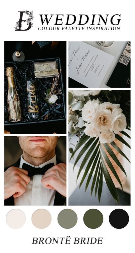 Champagne Black And Greenery Wedding, Black White Champagne Wedding Color Schemes, Dark Neutral Wedding Colors, Black Sage Green Wedding, Olive And Black Wedding, Modern Wedding Colors, Modern Neutral Wedding, Moody Minimalist, 1920 Wedding