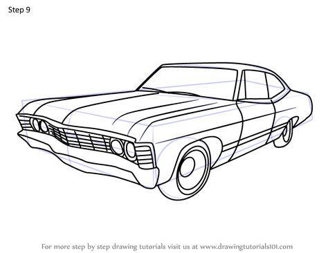 Learn How to Draw 1967 Chevrolet Impala (Vintage) Step by Step : Drawing Tutorials 67 Chevy Impala Drawing, Supernatural Impala Drawing, Impala 1967 Drawing, 1967 Chevy Impala Drawing, Impala Drawing, Vintage Car Tattoo, Impala Tattoo, Lowrider Drawings, Simple Car Drawing