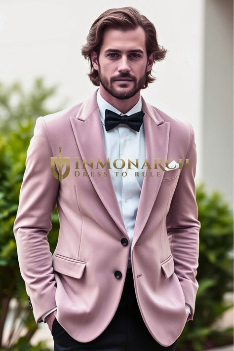 Bold Soft Pink Velvet Tuxedo Jacket for Men - InMonarch Velvet Tuxedo Jacket, Pink Tuxedo, Confident Man, Velvet Tuxedo, Satin Shawl, Dinner Jacket, Black Bow Tie, Crisp White Shirt, Tuxedo Jacket