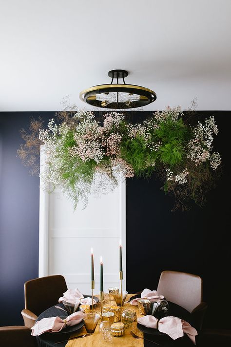 How to Make a Hanging Floral Installation with Dried Botanicals | Jojotastic Hanging Floral Installation, Metallic Gold Spray Paint, Soy Wax Candles Diy, Wax Candles Diy, Modern Centerpieces, Floral Installation, Wire Wreath Frame, Flower Installation, Floral Chandelier