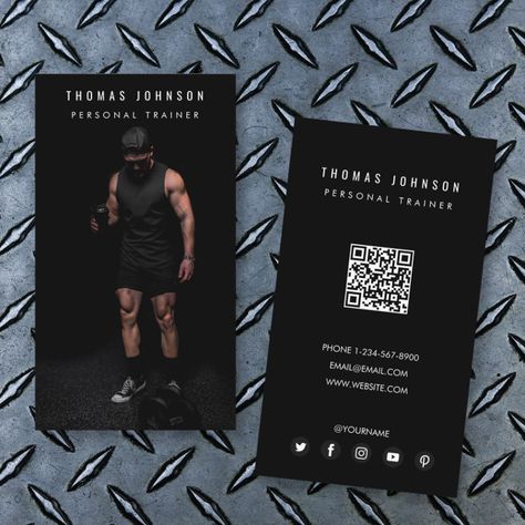 Personal Trainer Business Card Design, Business Card Social Media, Personal Trainer Business Card, Qr Code Social Media, Fitness Business Card, Trendy Business Cards, Photo Business Cards, Qr Code Business Card, Calligraphy Cards