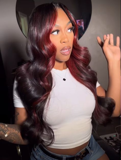 Black Lace Front With Red Highlights, Back Hair With Red Highlights, Red And Brown Hair Black Women, Red Highlights In Brown Hair Black Women, Black And Red Quick Weave, Bangs With Red Highlights, Burgundy Hair With Black Highlights, Black Wig Red Highlights, Red Straight Hair Black Women