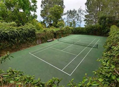 Personal Tennis Court, Small Tennis Court Backyard, Beautiful Tennis Courts, Tennis Court Fence Ideas, Hidden Tennis Court, Tennis Court Landscaping, Home Tennis Court, Backyard Tennis Court, Lawn Tennis Court