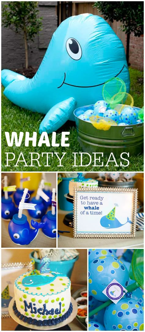 Check out this whale of a party! Perfect for summer! See more party ideas at CatchMyParty.com! Whale Theme Birthday Party Decorations, Orca Whale Party Decorations, Jonah And The Whale Birthday Party, Whale Birthday Party Boy, Whale Party Ideas, Orca Whale Birthday Party Ideas, Baby Beluga Birthday Party, Whale Theme Birthday Party, First Birthday Party Ideas Boy