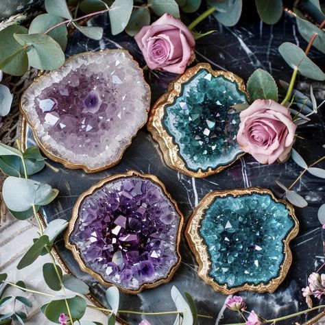 **Product Listing: Set of 4 Resin Agate Coasters (2 Amethyst & 2 Teal Coasters are made with resin and glass to mimic Amethyst and Teal Aquamarine agate crystals.  Elevate your home décor with this exquisite set of four agate resin coasters, featuring two in captivating amethyst and two in vibrant teal. Each coaster is meticulously handcrafted to mimic the natural beauty of agate slices, making them both functional and decorative pieces for your home. **Key Features - **Stunning Design Each coas Resin Agate, Gemstone Decor, Random Products, Crystal Coasters, Oc Outfits, Agate Slices, Geode Art, Agate Coasters, Fashion Design Collection