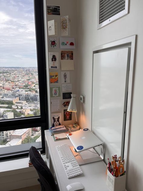 A desk next to a tall window looking out to Brooklyn Nyc Studio Apartments, Greenpoint Brooklyn, Tall Windows, Nyc Studio, Upper West Side, City Apartment, West Side, Studio Apartment, Apartment Therapy