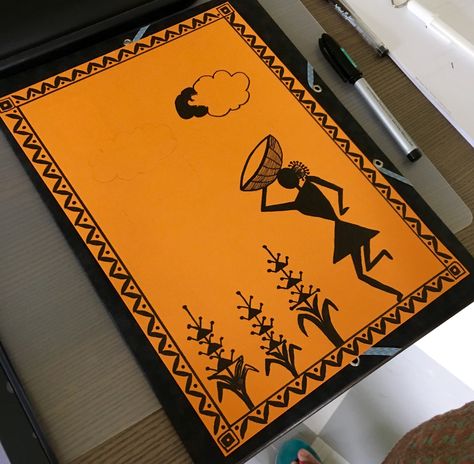 Warli painting done by Maa. Inspiration drawn from another painting on Pinterest Warli Art Greeting Card, Worli Painting Canvases, Warli Paintings Easy, Warli Paintings On Canvas, Folk Art Painting Easy, Warli Painting Ideas On Paper, Warli Art Easy, Warli Art Painting, Warli Paintings