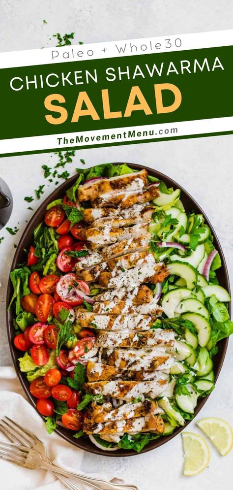 Chicken Shawarma Salad (Paleo and Whole30), spring food ideas, healthy salad recipes Chicken Shawarma Salad, Paleo Tuna Salad, Shawarma Salad, Clean Diet Recipes, Paleo Chicken Salad, Healthy Food To Eat, Salad With Tahini Dressing, Chicken Salad Dressing, Easy Whole30 Recipes