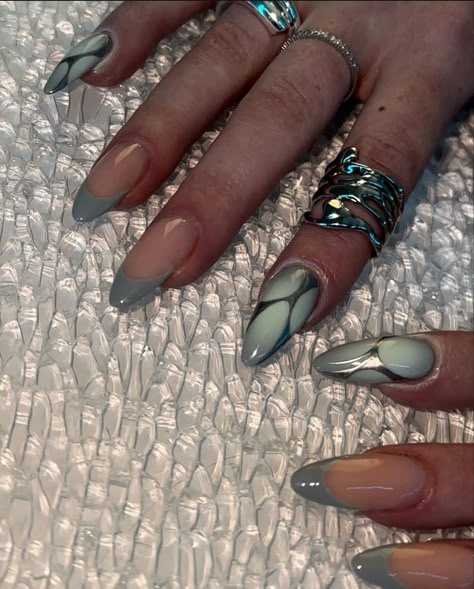 Funky French Tips, Y2k Nail Designs, Butterfly Wing Nails, Almond Nails Y2k, Nail Ideas Chrome, Cat Claw Nails, Acrylic Nails Y2k, Famous Nails, Nails Inspo Aesthetic