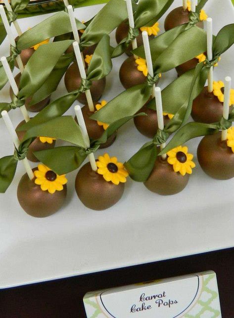 Surprise and Sunflower 30th Birthday Party!! | CatchMyParty.com Sunflower 1st Birthday Cookies, Edible Sunflowers For Cakes, Sunflower Cakepops, Sunflower Cake Pops, Sunflower Birthday Party, Wine Birthday Party, Sunflower Birthday Parties, Wine Birthday, Sunflower Cake