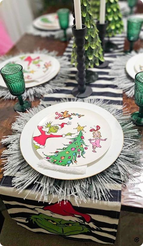 Grinch Themes Dinning Table Setup | Christmas | Holiday Decor | Grinchmas Follow me in the @LTK shopping app to shop this post and get my exclusive app-only-content! #liketkit #LTKSeasonal #LTKHoliday #LTKhome @shop.ltk The Grinch Table Setting, Grinchmas Table Setting, Grinch Table Setting Dining Rooms, Grinch Table Decor, Grinch Christmas Table Decorations, Grinch Table Decorations, Grinch Tablescape, Grinch Table Setting, Grinch Christmas Table