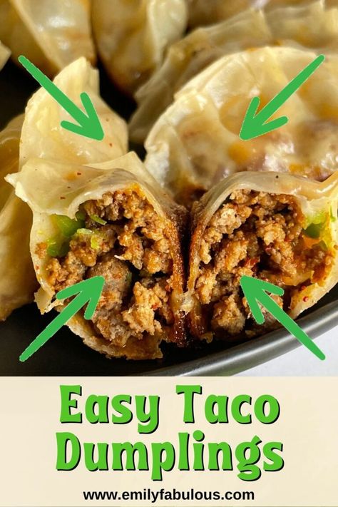 Easy Taco Dumplings - EmilyFabulous Meat Dumplings, Popular Appetizers, Taco Fillings, Asian Inspired Dishes, Easy Taco, Dumpling Recipe, Favorite Appetizers, Fresh Pasta, Lunch Snacks