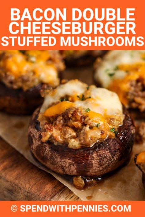 Double Bacon Cheeseburger Stuffed Mushrooms are an easy and delicious appetizer. Made with ground beef, bacon, and three types of cheese it is always a hit with my family and friends. #spendwithpennies #stuffedmushrooms #cheeseburgerstuffedmushrooms #appetizer #snack #sidedish #mushrooms Easy Stuffed Mushrooms, Easy Stuffed Mushroom Recipe, Stuffed Mushrooms Easy, Sausage Stuffed Mushrooms, Double Cheeseburger, Beef Bacon, Stuffed Mushroom, Meat Appetizers, Bacon Cheeseburger