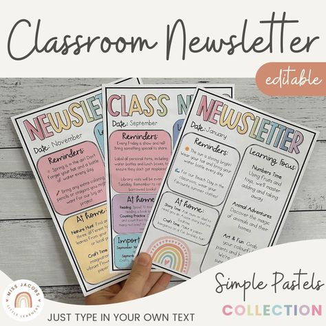 Simple Pastels Classroom Newsletter Templates - Miss Jacobs Little Learners Koala Room, K4 Classroom, Canva Newsletter, Class Newsletter, Editable Newsletter Templates, Classroom Newsletter Template, English Posters, Daycare Room, Modern Classroom